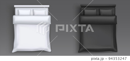 Double beds with black and white linen top view Double beds with black and white linen top view 94353247
