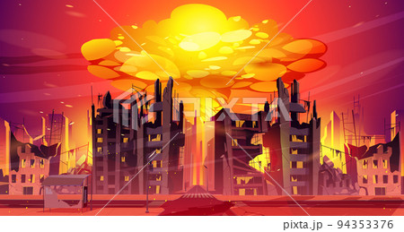Nuclear war explosion mushroom rising up in city Nuclear war explosion mushroom rising up in city 94353376