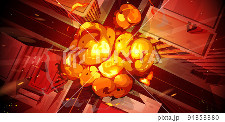 Nuclear explosion in city top view, fiery mushroom Nuclear explosion in city top view, fiery mushroom 94353380