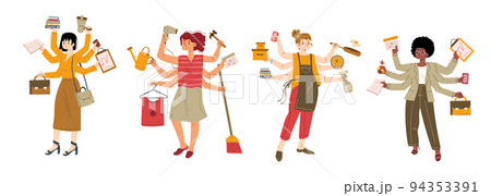 Multitasking women doing many tasks cartoon set Multitasking women doing many tasks cartoon set 94353391