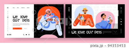 We love pets banner with happy people hold animals We love pets banner with happy people hold animals 94353453