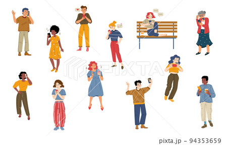 Men and women with phones use mobile services Men and women with phones use mobile services 94353659