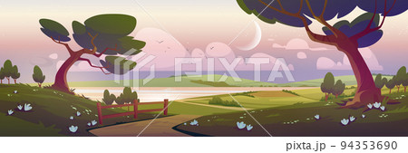 Cartoon nature landscape, sunrise, early morning Cartoon nature landscape, sunrise, early morning 94353690