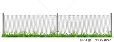Wire fence with gates on green grass, chain link Wire fence with gates on green grass, chain link 94353692