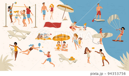 Summer sea beach with people swim on boards, play 94353756