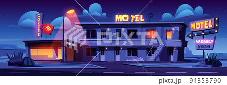 Motel at night highway roadside, building facade 94353790