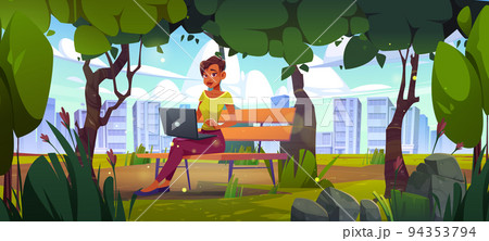 Woman freelancer with laptop work in city park 94353794