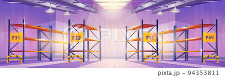 Empty warehouse interior with metal racks 94353811