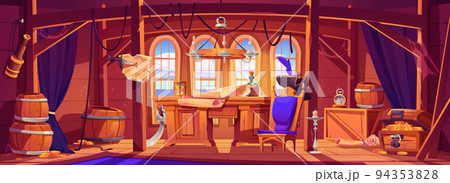 Pirate capitan ship cabin, wooden room interior 94353828