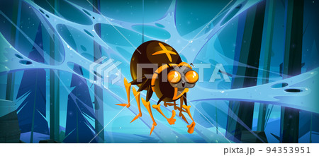 Spider hang on web in night forest, funny insect Spider hang on web in night forest, funny insect 94353951