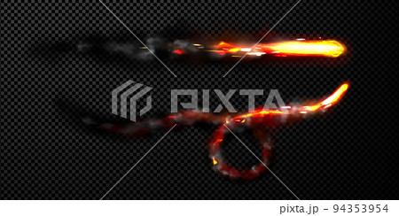 Flying missile with fire trail and black smoke Flying missile with fire trail and black smoke 94353954