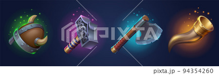 Viking helmet, nordic weapons and bugle horn 94354260