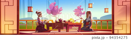 Tea ceremony on wooden terrace, japanese women 94354275