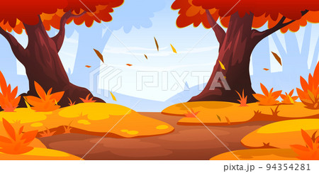 Autumn forest landscape with orange tree and grass 94354281