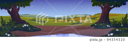 Rain in countryside with fields and trees 94354310