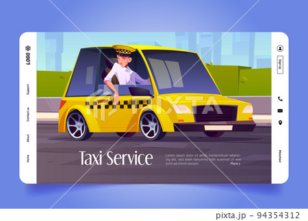 Taxi service cartoon landing page, driver in car 94354312