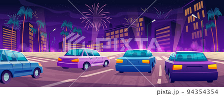 Cars driving at night city highway with palm trees Cars driving at night city highway with palm trees 94354354
