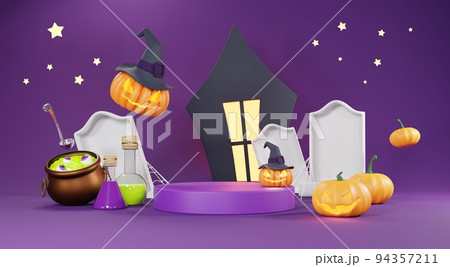 3d Render, Happy Halloween Day background with night scene and cute spooky design. Halloween pumpkins, skull, ghost and spider decorations on dark purple background. Trick or Treat party celebrate. 94357211