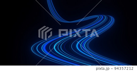 3d render of flash neon and light glowing on dark scene. Speed light moving lines. 94357212