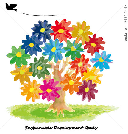 SDGs17色の水彩の花と平和の鳩 SDGs17色の水彩の花と平和の鳩 94357247