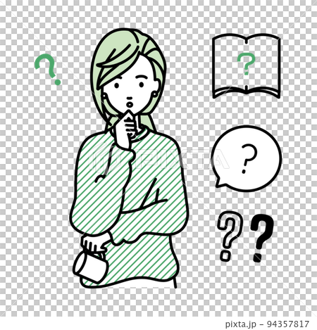 一組遠程工作的女性問號站著，雙手放在下巴上感到懷疑 94357817