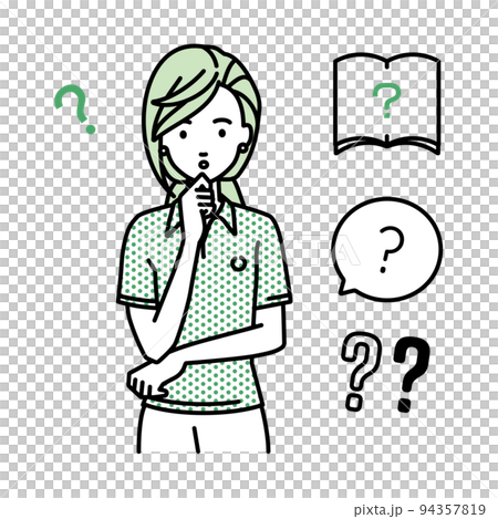 A woman in a polo shirt who stands and puts her hand on her chin and feels doubts Set of question marks A woman in a polo shirt who stands and puts her hand on her chin and feels doubts Set of question marks 94357819