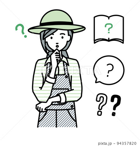 立って手をあごにあてて疑問を感じている農家の女性 クエスチョンマークのセット 94357820