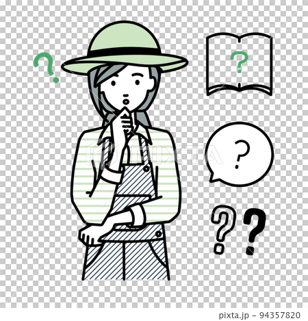 立って手をあごにあてて疑問を感じている農家の女性 クエスチョンマークのセット 94357820