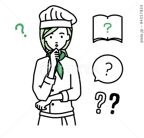 立って手をあごにあてて疑問を感じている調理師の女性 クエスチョンマークのセット 94357833