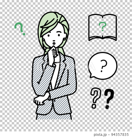 立って手をあごにあてて疑問を感じているスーツの女性 クエスチョンマークのセット 94357835