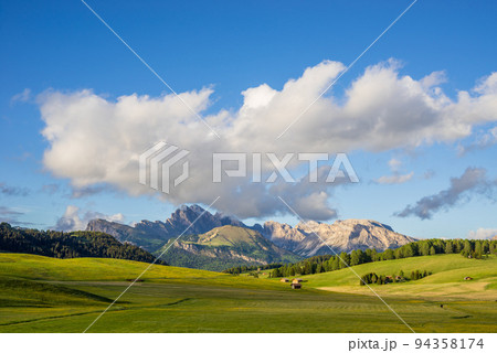 Mt.Langkofel at sunset, view from Seiser Alm, Dolomites, Italy Mt.Langkofel at sunset, view from Seiser Alm, Dolomites, Italy 94358174