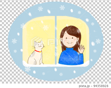 窓から外の雪を眺める女性 94358928