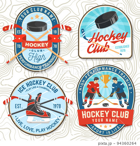Ice Hockey club logo, badge embroidered patch. Concept for shirt or logo, print, stamp or tee. Winter sport. Vintage typography design with player, sticker, puck and skates silhouette. Vector. 94360264