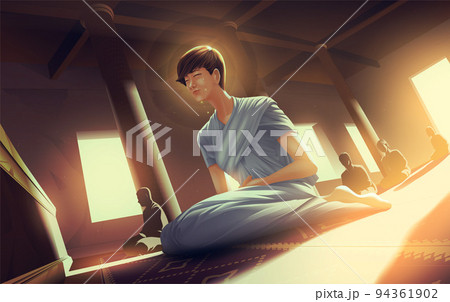 female practitioner is attending a group meditation at the temple and she gets overwhelmed with tears caused by enlightenment in Sotapanna 94361902