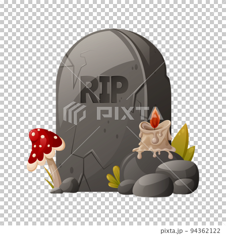 A tombstone with the inscription RIP, a fly agaric and a burning candle. The memory of the dead. A tombstone with the inscription RIP, a fly agaric and a burning candle. The memory of the dead. 94362122