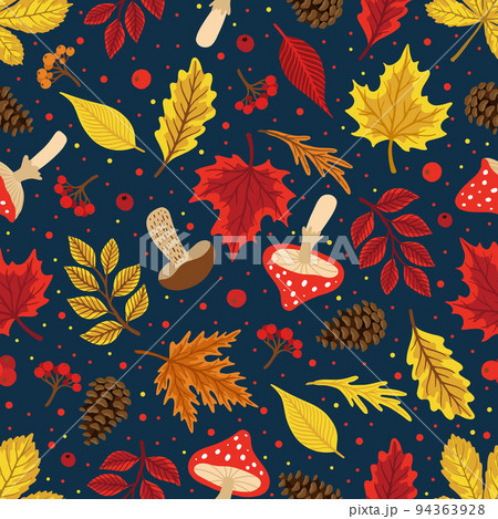 Seamless pattern with acorns, autumn leaves, mushrooms. Perfect for wallpaper, gift paper, pattern fill, autumn greeting cards. 94363928