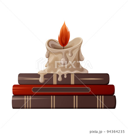 Burning wax candle on witch books. Vector illustration. Item for divination, spell, halloween 94364235
