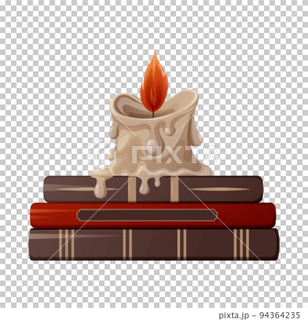 Burning wax candle on witch books. Vector illustration. Item for divination, spell, halloween 94364235
