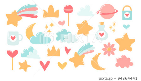 Cute set of elements. Elements for design. Heart, stars, clouds, lollipops, moon, planet, shooting star. Cartoon style. Vector illustration. Cute set of elements. Elements for design. Heart, stars, clouds, lollipops, moon, planet, shooting star. Cartoon style. Vector illustration. 94364441