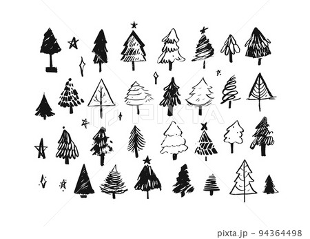 Hand drawn vector abstract Merry Christmas and Happy New Year cartoon illustrations greeting collection set with hand made freehand ink textured Christmas trees isolated on white background 94364498