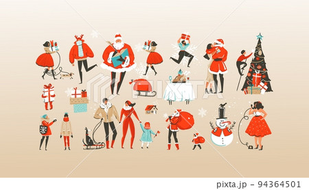Hand drawn vector abstract Merry Christmas and Happy New Year cartoon illustrations greeting collection set with celebrating people characters,Santa Claus and xmas tree isolated on white background 94364501