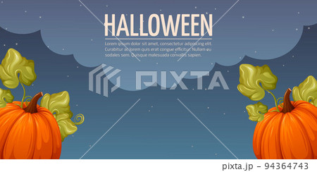 Halloween background. Pumpkins with leaves. Night star sky. Vector horizontal illustration Halloween background. Pumpkins with leaves. Night star sky. Vector horizontal illustration 94364743