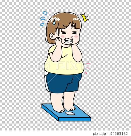 Illustration of a fat and shocked woman on a weight scale 94365182