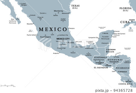 Mesoamerica, gray political map. Historical region and cultural area in southern North America and Central America, from Mexico to Costa Rica. Within this region pre Columbian societies flourished. 94365728