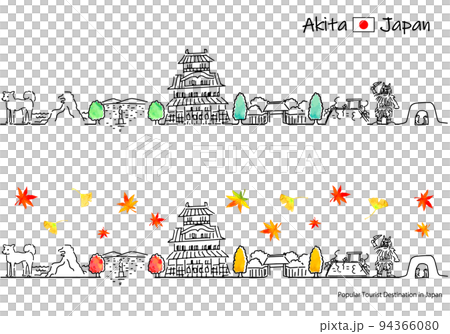 Simple line drawing set of the cityscape of tourist spots in Akita Prefecture in autumn (Godzilla Rock) 94366080