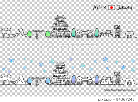 冬の秋田県の観光地の街並みのシンプル線画セット（ゴジラ岩） 94367245