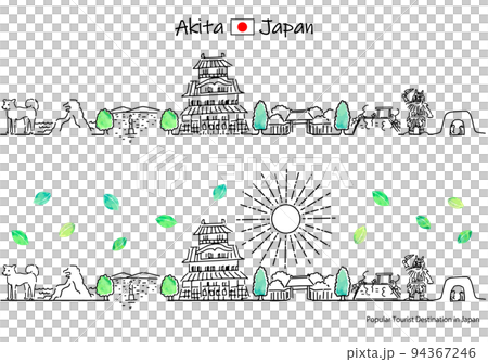 Simple line drawing set (Godzilla Rock) of the cityscape of tourist spots in Akita Prefecture in summer 94367246
