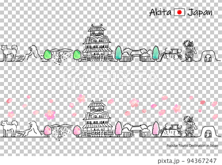 春の秋田県の観光地の街並みのシンプル線画セット（ゴジラ岩） 94367247