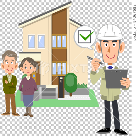 A senior couple standing in front of a house and a man in work clothes checking A senior couple standing in front of a house and a man in work clothes checking 94367688