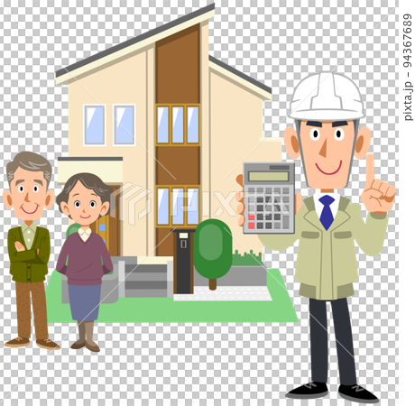A senior couple standing in front of a house and a man in work clothes showing a calculator A senior couple standing in front of a house and a man in work clothes showing a calculator 94367689